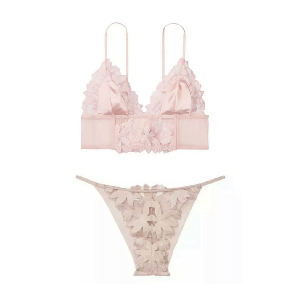 Victoria's Secret Bralette Bra Sz L & Panties Sz L Pink Floral Mesh Embroidered
